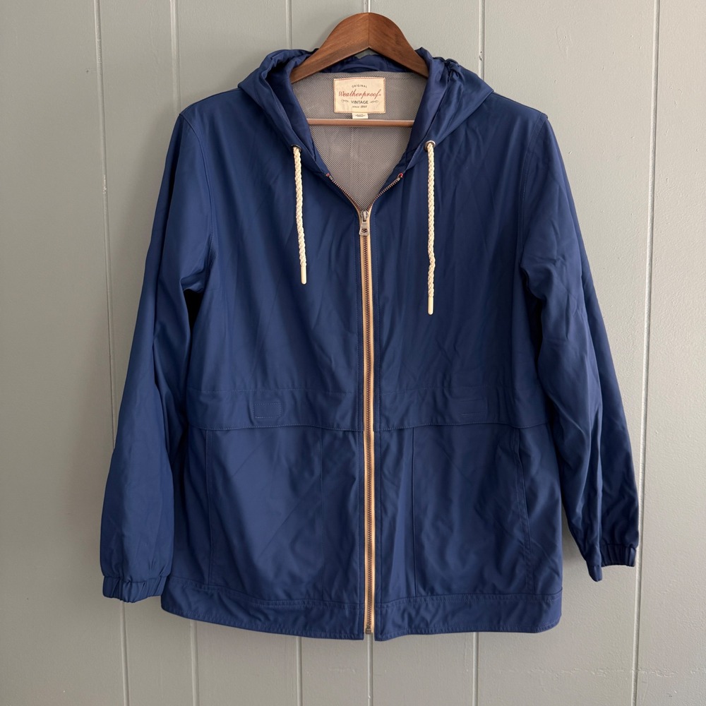 Weatherproof Vintage Mens Navy Blue Hooded Rain Jacket Windbreaker Size Large